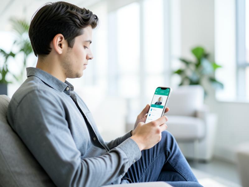 Junger Mann nutzt entspannt eine Karriere-App auf dem Smartphone